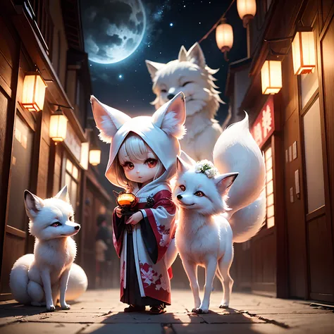 ​masterpiece、top-quality、ultra-detailliert、(Chibi Chara White Fox Bride:1.2)、dark kimono、white hood、Lantern light、Standing、Chinese New Year、