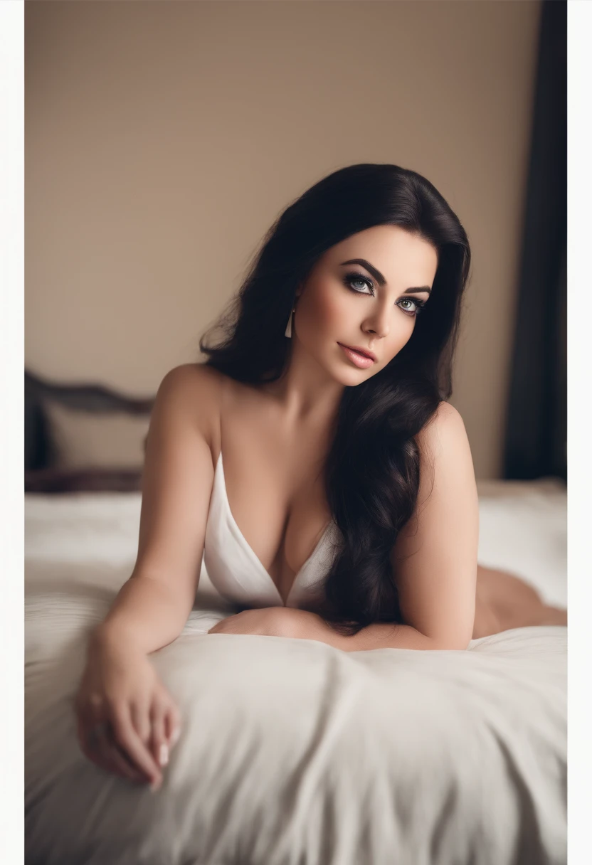 arafed woman fully , sexy girl with green eyes, ultra realistic, meticulously detailed, portrait amy lee, black hair and large eyes, selfie of a young woman, bedroom eyes, violet myers, with makeup, natural makeup, looking directly at the camera, face with...