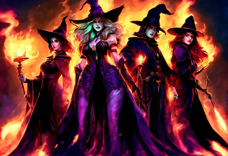 ((best quality)), ((masterpiece)), 3 female witches, 1 male warlock, (1male) (3females) (digital art)