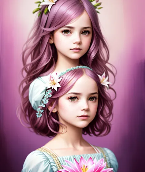 full shot body, Frontal portrait The exquisitely detailed enchanting pink Lily girl created by the talented Nicoletta Ceccoli, a captivating lilac palette that exudes animation and action through every Photoshop brushstroke. Frontal portrait, centered, inc...