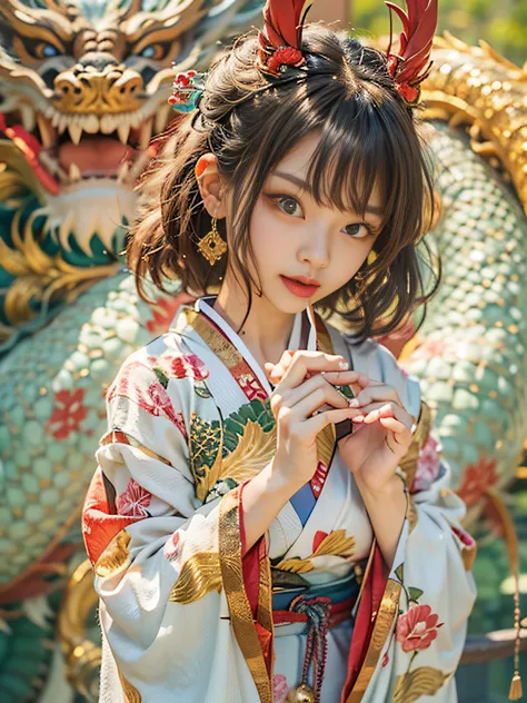 1个Girl,Brown eyes,wearing Japanese clothes,Standing in front of the Chinese dragon,The dragon opened its mouth,Have sharp teeth, yushuishu,Bokeh