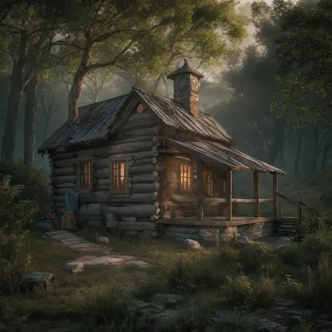 as the light began to fade, an old log cabin was spotted in a small clearing ahead. the cabin's roof shimmered in the fading sun...