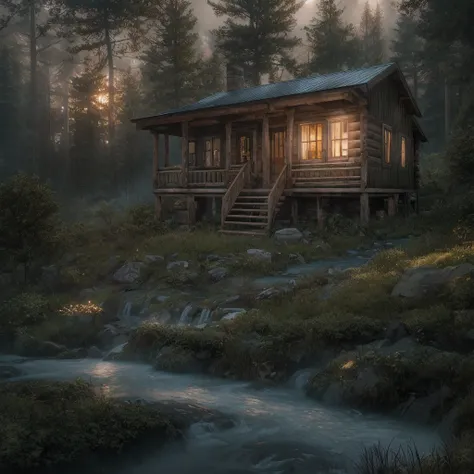 as the light began to fade, an old log cabin was spotted in a small clearing ahead. the cabin's roof shimmered in the fading sun...