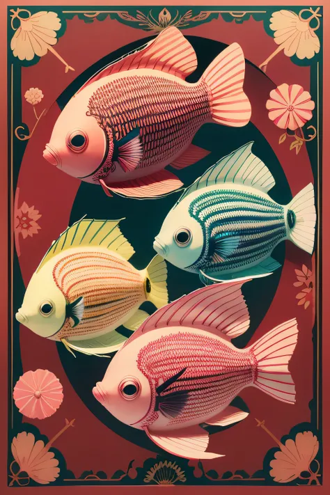 pink, red, green, blue, art deco cuna mola embroidery angel butterfly fish, clown fish, hedgehog fish, fighting fish, heniochus fish, white background