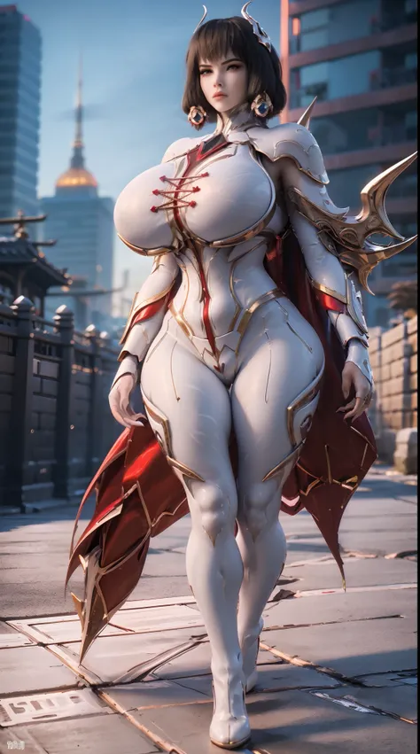 (1GIRL, SOLO), (DRAGON QUEEN HELM), (HUGE FAKE BOOBS:1.3), (RED, WHITE), (STREET CITY BACKGROUND), (FUTURISTIC PHOENIX MECHA BODYSUIT, ROYAL CAPE, CLEAVAGE:1.2), (SKINTIGHT YOGA PANTS, HIGH HEELS:1.2), (BUSTY BODY, LONG LEGS, FULL BODY VIEW:1.5), (LOOKING ...