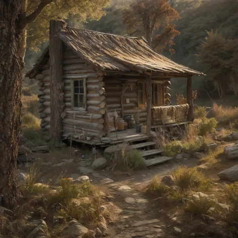 As the light began to fade, an old log cabin was spotted in a small clearing ahead. The cabins roof shimmered in the fading sunlight. The log cabin was located near a quaint steampunk village, nestled within the rugged wilderness.
Upon approaching the cabi...