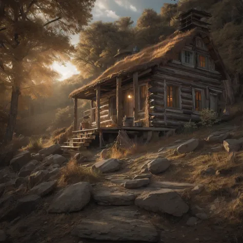 as the light began to fade, an old log cabin was spotted in a small clearing ahead. the cabin's roof shimmered in the fading sun...