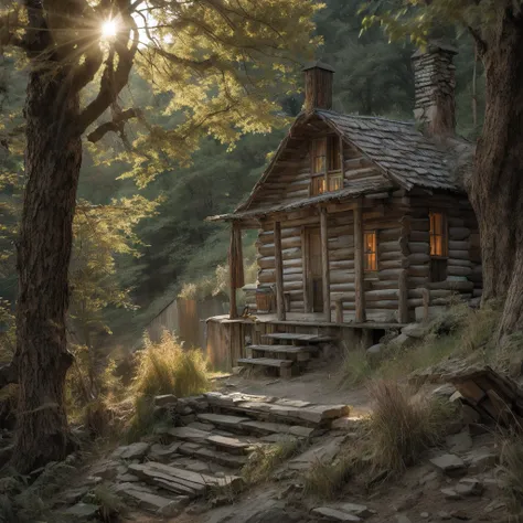 as the light began to fade, an old log cabin was spotted in a small clearing ahead. the cabin's roof shimmered in the fading sun...