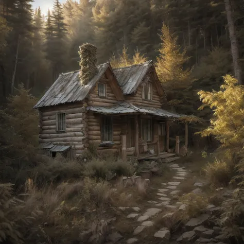 as the light began to fade, an old log cabin was spotted in a small clearing ahead. the cabin's roof shimmered in the fading sun...