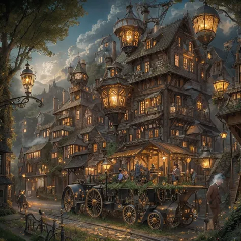 maybe this… quaint steampunk fantasy magical village nestled in a verdant valley, surrounded by rolling green hills. rustic cobb...