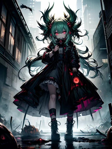 haunted pumpkin、ahegao、miku hatsune、green hair、black dress、very fellow humanoid characters, red eyes, she's crazy, nutty, horor,...