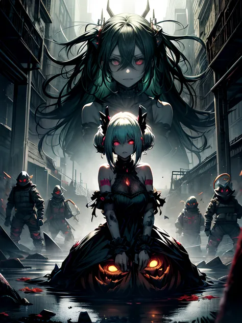 haunted pumpkin、ahegao、miku hatsune、green hair、black dress、very fellow humanoid characters, red eyes, she's crazy, nutty, horor,...