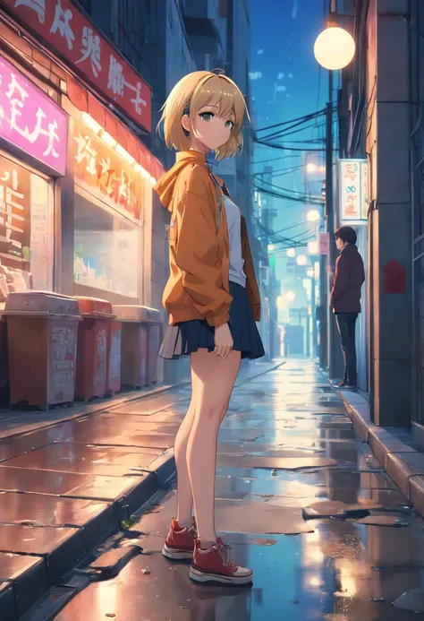 (best quality,4k,8k,highres,masterpiece:1.2),ultra-detailed,(realistic,photorealistic,photo-realistic:1.37),Gyaru woman lying in an alley alone,blond hair,tanned skin,big tits,dressed whole,graffiti-covered walls,neon lights reflecting on wet pavement,aban...