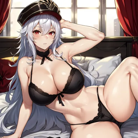 1girl,big breasts,hotel room,bed,(8k),
,detailed face,white hair,red eyes,long hair,embarassed,shy,high_res, high_definition,battlefield,sexy pose,black sexy lingerie,military hat,