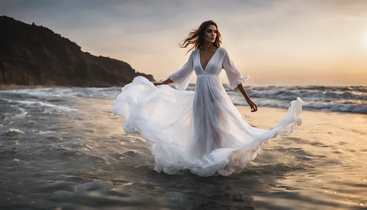 Beautiful woman in white dress standing in sea water with flowing dress, pale skinned, deusa, pegue a chave, de colar de diamante, Pearls in water, a noite, starly sky, sky with galaxy, ......lua, Como uma deusa, walking on water, mulher iluminada, blue wa...