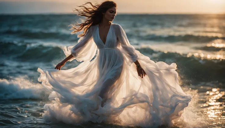 Beautiful woman in white dress standing in sea water with flowing dress, pale skinned, deusa, pegue a chave, de colar de diamante, Pearls in water, a noite, starly sky, sky with galaxy, ......lua, Como uma deusa, walking on water, mulher iluminada, blue wa...