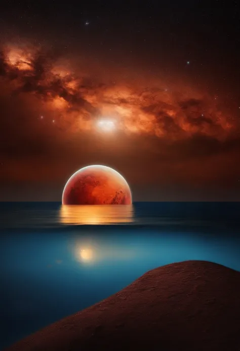 Night Blue Ocean Floating Giant Red Planet Golden Reflection