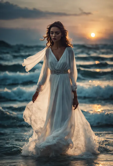 Beautiful woman in white dress standing in sea water with flowing dress, pale skinned, deusa, pegue a chave, de colar de diamante, Pearls in water, a noite, starly sky, sky with galaxy, ......lua, Como uma deusa, walking on water, mulher iluminada, blue wa...