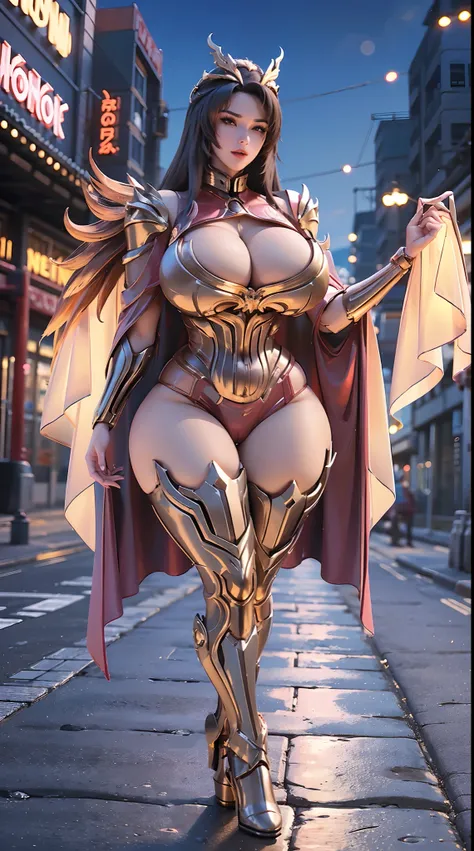 1GIRL, SOLO, (DRAGON QUEEN HELM), (HUGE FAKE BOOBS:1.3), (RED, GOLD), (STREET CITY BACKGROUND), (FUTURISTIC PHOENIX MECHA BODYSUIT, ROYAL CAPE, CLEAVAGE:1.2), (SKINTIGHT YOGA PANTS, HIGH HEELS:1.2), (BUSTY CURVY BODY, LONG LEGS, FULL BODY VIEW:1.5), (LOOKI...