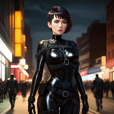 Extremely detailed, very sharp, best quality, female, Sophie Thatcher face, black rider latex suit, tall and lean body, harness, night, night street, lights, very short black haircut, dark makeup, pauldrons, holster,