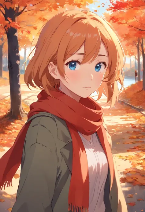 (masterpiece), best quality, ultra-detailed, illustration, warm lighting, soft lighting, bright colors, 1 girl, solo,( beautiful girl, long orange hair, blue eyes, freckles, hair between eyes, hair ribbon, sidelocks, very long hair, messy hair,) , autumn, ...