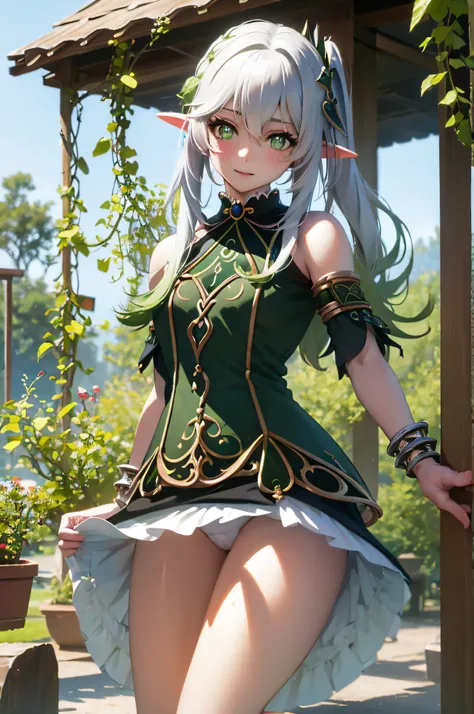 The elf stands and looks at the camera, A girl stands at a fair, green eyes and white hair, The wind lifts the skirt, You can see the underpants, blue skies, Beautiful clear blue sky, green hairpins in the hair, skinny waist, Slender figure, Appearance of ...