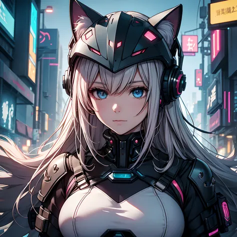 cyberpunk girl in cat-eared helmet, delicate and detailed writing, masutepiece, masutepiece, 8k