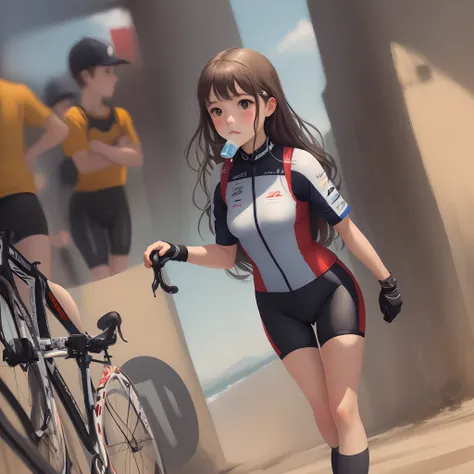 Illustration of a full-length portrait of a girl in costume like a bicycle racer staring beyond the horizon drinking water