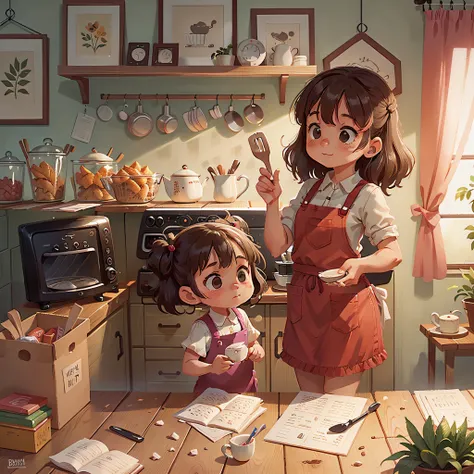 Little girl helping her mother with the kitchen in the kitchen