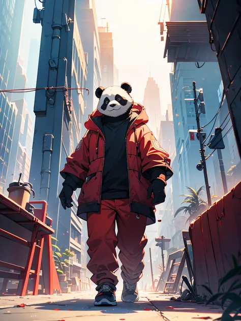 a Panda in a cyberpunk red jacket, skinny pants, sunglasses, walking on a beach sidewalk, {extremely detailed 8k CG unit wallpaper}, expansive landscape photography, (a view from below focusing on the character and setting ), (wide open field view), (low a...