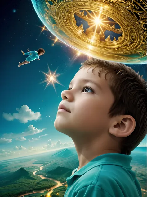 Master of Imagination: (((Close-up on a boy creating magical worlds with his mind))), digital illustation, estilo de fantasia infantil inspirado em contos de fadas, Magical scenery with fantastic creatures and floating castles, paleta de cores vibrantes co...