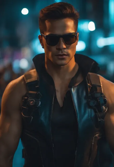 cyberpunk menino bonito, Rosto realista,8k, ultra realistic, sunglasses, johnny cage, sorrindo, carismatico, musculoso, centralizado na tela, cidade futurista, feliz