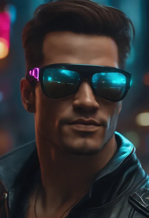 cyberpunk menino bonito, Rosto realista,8k, ultra realistic, sunglasses, johnny cage, sorrindo, carismatico, musculoso, centralizado na tela, cidade futurista, feliz