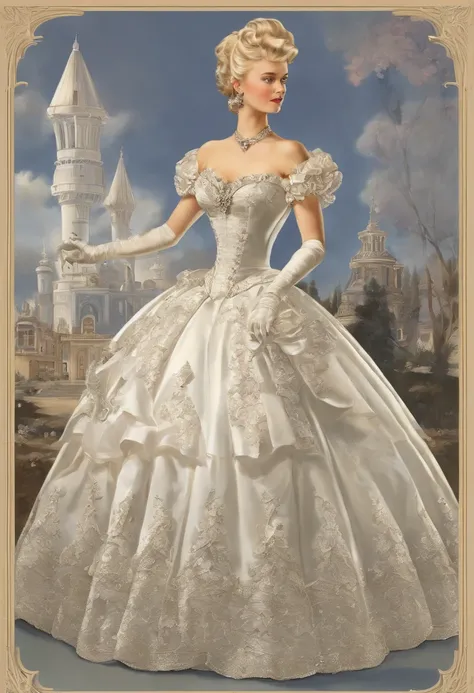 A stunningly beautiful blonde fairytale Princess shining with Royal Pomp and Regal Splendor, wearing a Stately and (((Elaborate))) Royal Cinderella Ballgown of Silver and White Brocade, with (((enormous puffed sleeves))) a stiffly boned, padded and corsete...