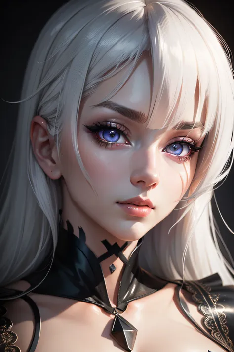 beautiful detailed eyes, beautiful detailed lips, extremely detailed face, long eyelashes, white hair, dark background, intense lighting, anime style, vibrant colors, high resolution, seductive pose, captivating expression, alluring atmosphere.