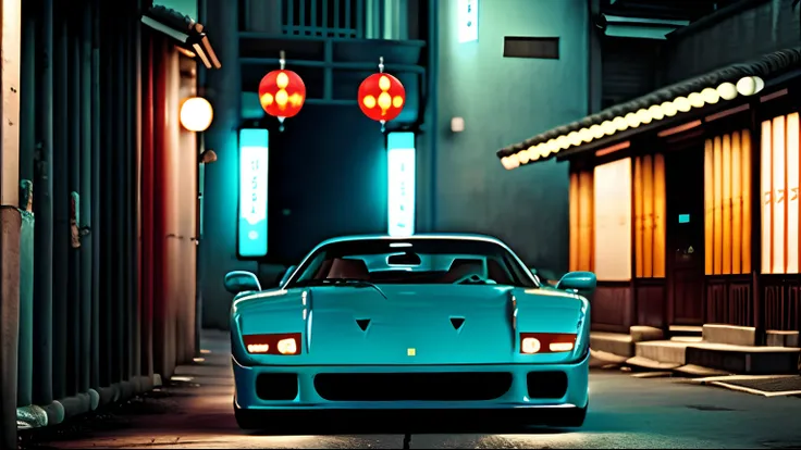 FerFourty turquoise blue in a narrow alley of Kyoto, Japanese architecture, foggy street at night, bokeh, depth of field, 1 car,