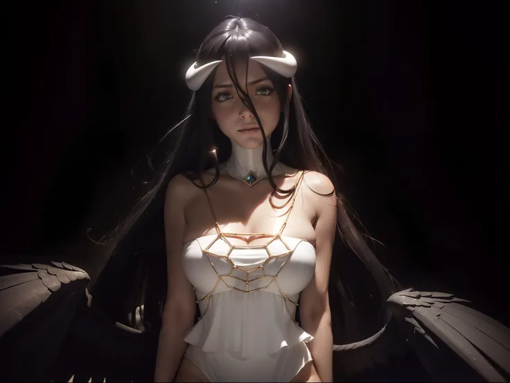 (((albedo)))8k,((overlord))(((amazing tits)))caliente, hermosa,((hornie)),(((viste un vestido blanco )))((tiene cuernos)))8k, hi...