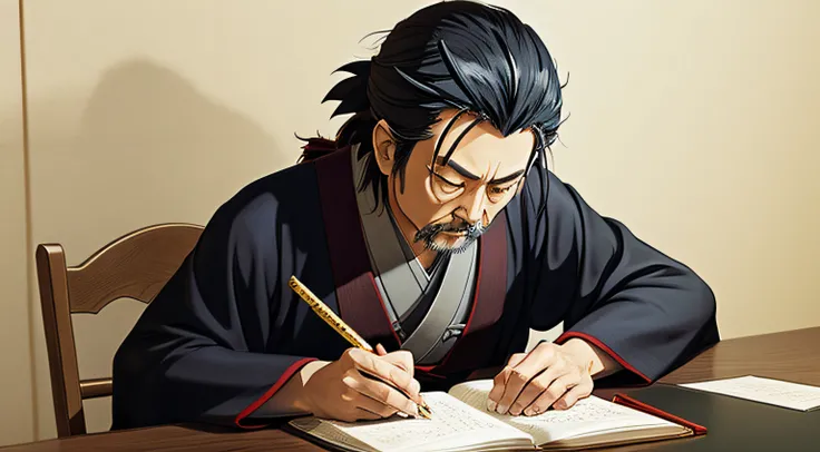 Miyamoto Musashi writing in his notebook, manga style drawing, Studio Ghibli