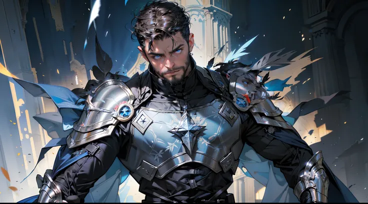 Highest quality, masterpiece, male, black super short hair, blue eyes, armor, cape, brightly colored, bright picture, paladin, muscular, short beard, mature, glowing particle special effects, church, national character face, tall, strong, rough face, falli...