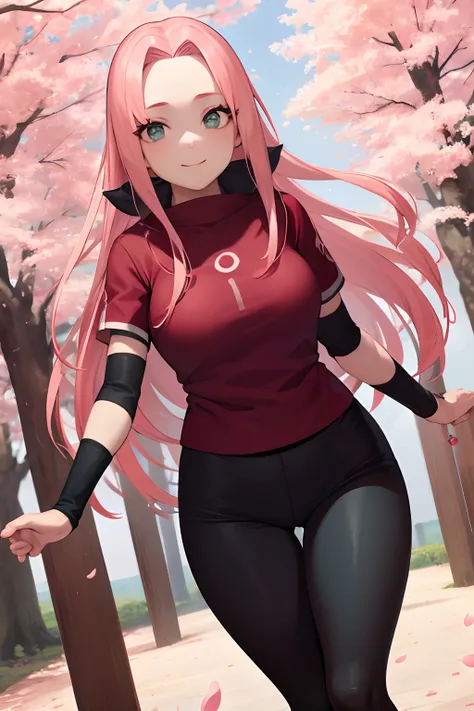 tmasterpiece， best quality at best， 1girll， sakura haruno， medium breasts, smile，with pink hair， long whitr hair， （green eyeball...