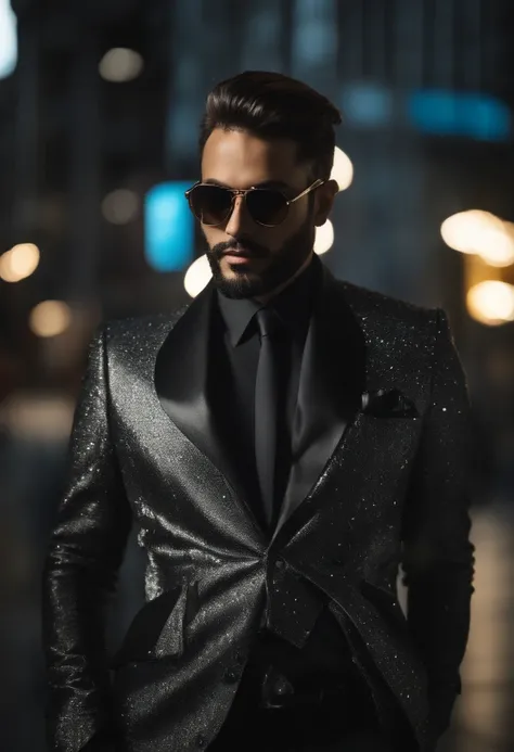 jovem bonito, realista, 8k, vestindo roupas futuristicas cyberpunk. Your body is in a confident pose, with his right hand in his coat pocket. He keeps his expression happy and smiling, while sunglasses reflect ambient light. Cidade futuristica, cyberpunk, ...