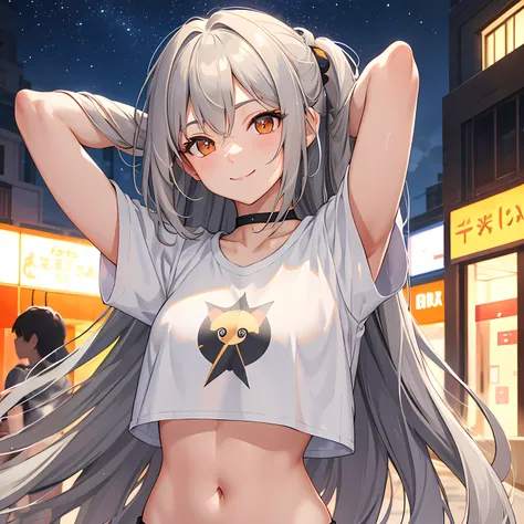 masterpiece, best quality, 1 girl, gray hair, orange eyes, plain t shirt, crop top, smile, street, night, arms behind head, night, starry sky, city