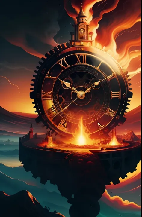 Create a surreal cover image for a magazine with a clock with its gears, ambientado em um mundo de fantasia, including an erupting volcano and flying dragons. A obra deve ser inspirada no estilo do artista Salvador Dali, known for his surreal and dreamlike...