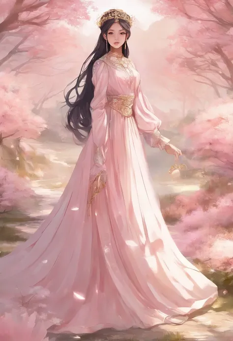 A 17-year-old girl, Super long, Flowing black hair. • Soft facial features，There was a hint of mystery and confusion in his eyes。. Wearing a (Light pink:1.3) and light white dresses, Mixed with subtle gold or silver details. The dress combines elements of ...