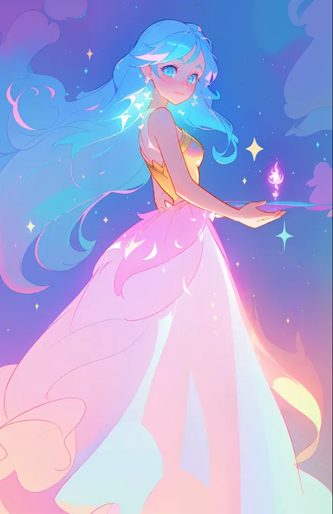 beautiful girl, puffy tiered ballgown, vibrant pastel colors, (colorful), glowing golden long hair, magical lights, sparkling magical liquid, inspired by Glen Keane, inspired by Lois van Baarle, disney art style, by Lois van Baarle, glowing aura around her...