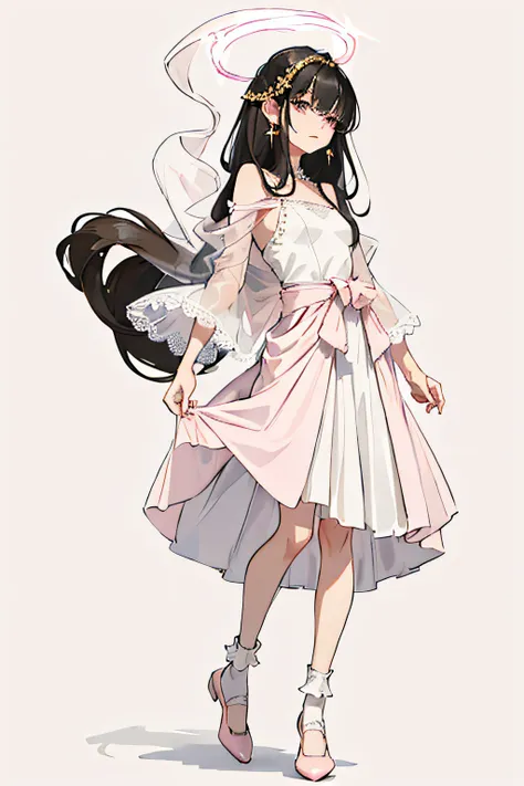 A 17-year-old girl, Super long, Flowing black hair. • Soft facial features，There was a hint of mystery and confusion in his eyes。。. Wearing a (Light pink:1.3) and light white dresses, Blend subtle gold or silver details. The dress combines elements of a pl...