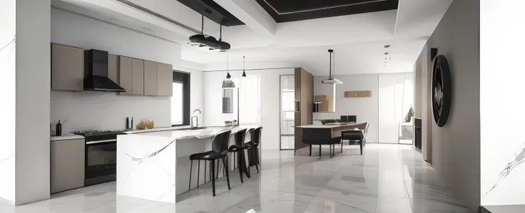 open plan kitchen，floor tiles，modern minimalist style，no main light ceiling，white marble countertop，black floor tiles，the walls ...