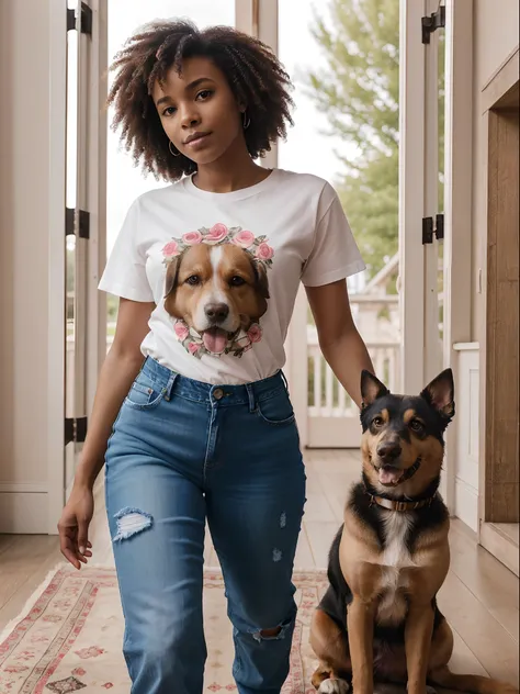 corps entier , beau visage, Cheveux longs et lisse,Warm light and clear complexion, afro-american, Detailed, ultra quality, poitrine claire, mignonne jeans et t-shirt rose XXL debout avec un chien, Devant sa maison