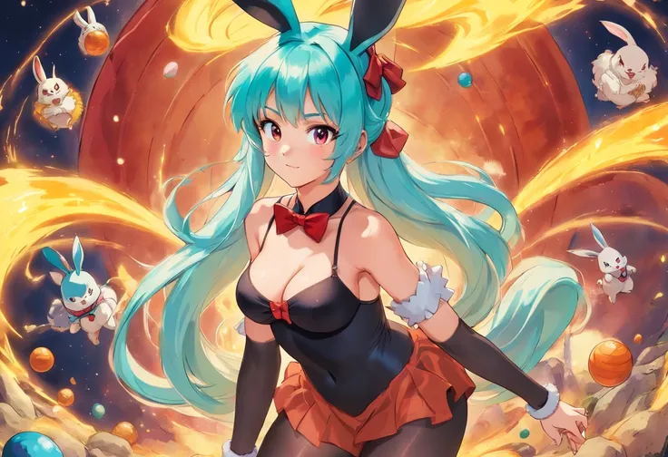 DRAGON BALL, BLMLONG, AQUA HAIR, BLUNT BANGS, LONG HAIR, PLAYBOY BUNNY, RABBIT EARS, BLACK PANTYHOSE, RED BOWTIE, WRIST CUFFS, BLACK LEOTARD, LARGE BREASTS