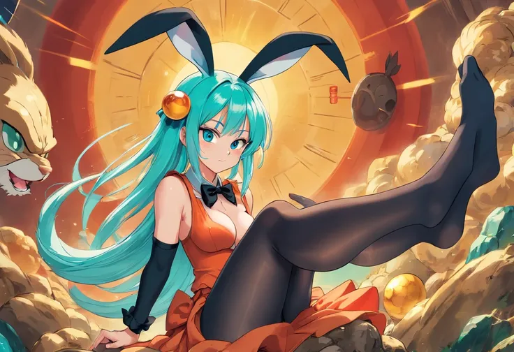 DRAGON BALL, BLMLONG, AQUA HAIR, BLUNT BANGS, LONG HAIR, PLAYBOY BUNNY, RABBIT EARS, BLACK PANTYHOSE, RED BOWTIE, WRIST CUFFS, BLACK LEOTARD, LARGE BREASTS